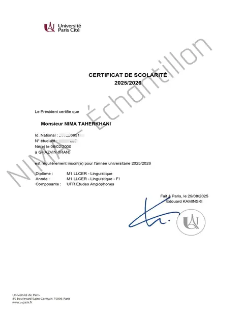 Certificat de scolarité — Université Paris Cité (2025/2026)